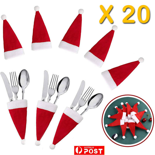 20PCS Red Hat Santa Cutlery Christmas Knife Bag Xmas Fork Holder Xmas Decoration