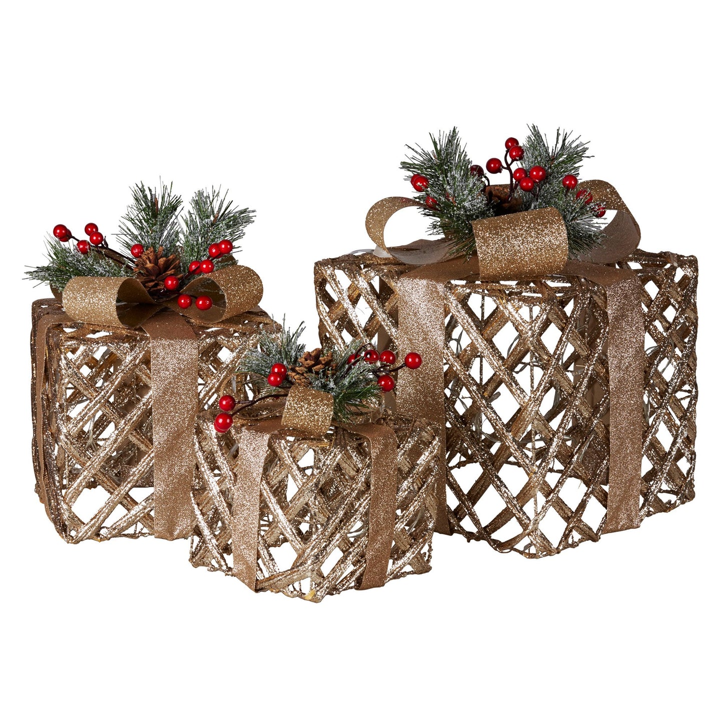 Swishmas Set of 3 Christmas Gift Boxes Display With Lights in Champagne and Gold