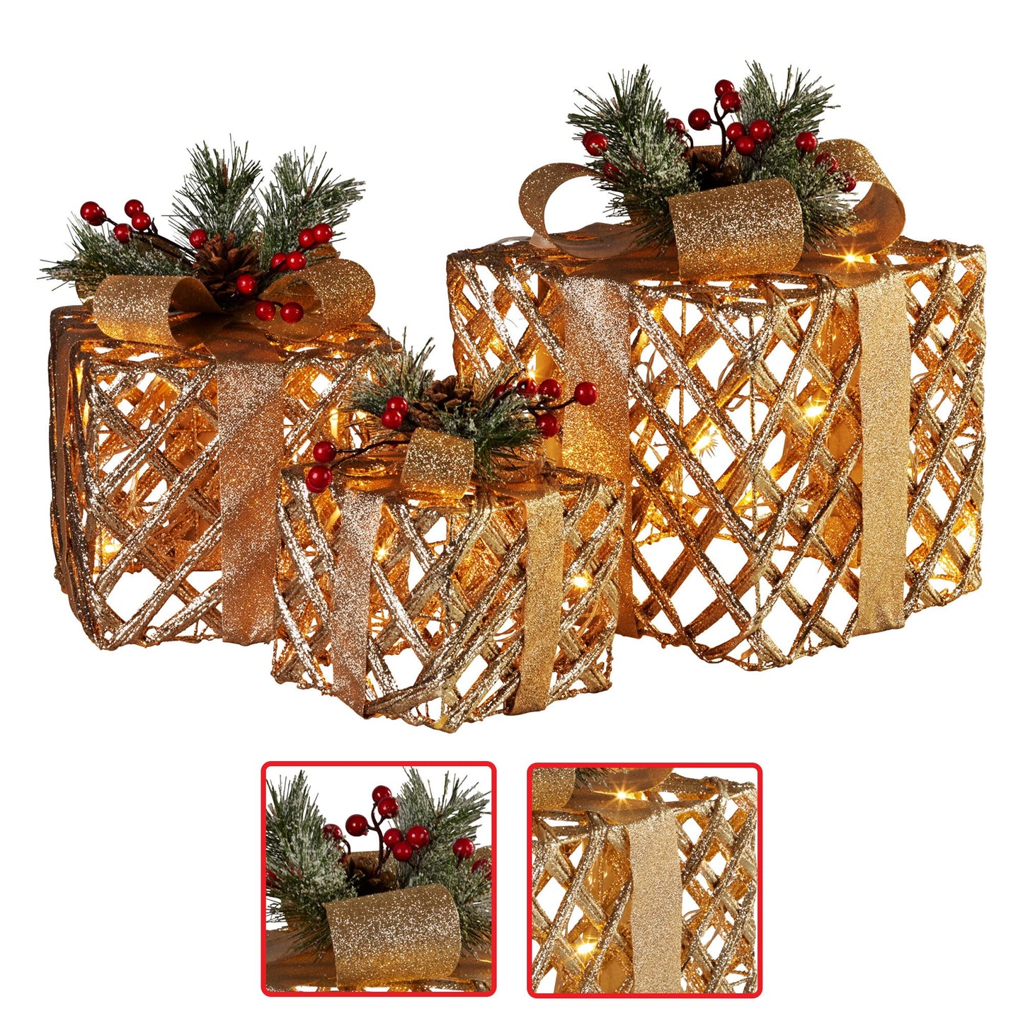 Swishmas Set of 3 Christmas Gift Boxes Display With Lights in Champagne and Gold