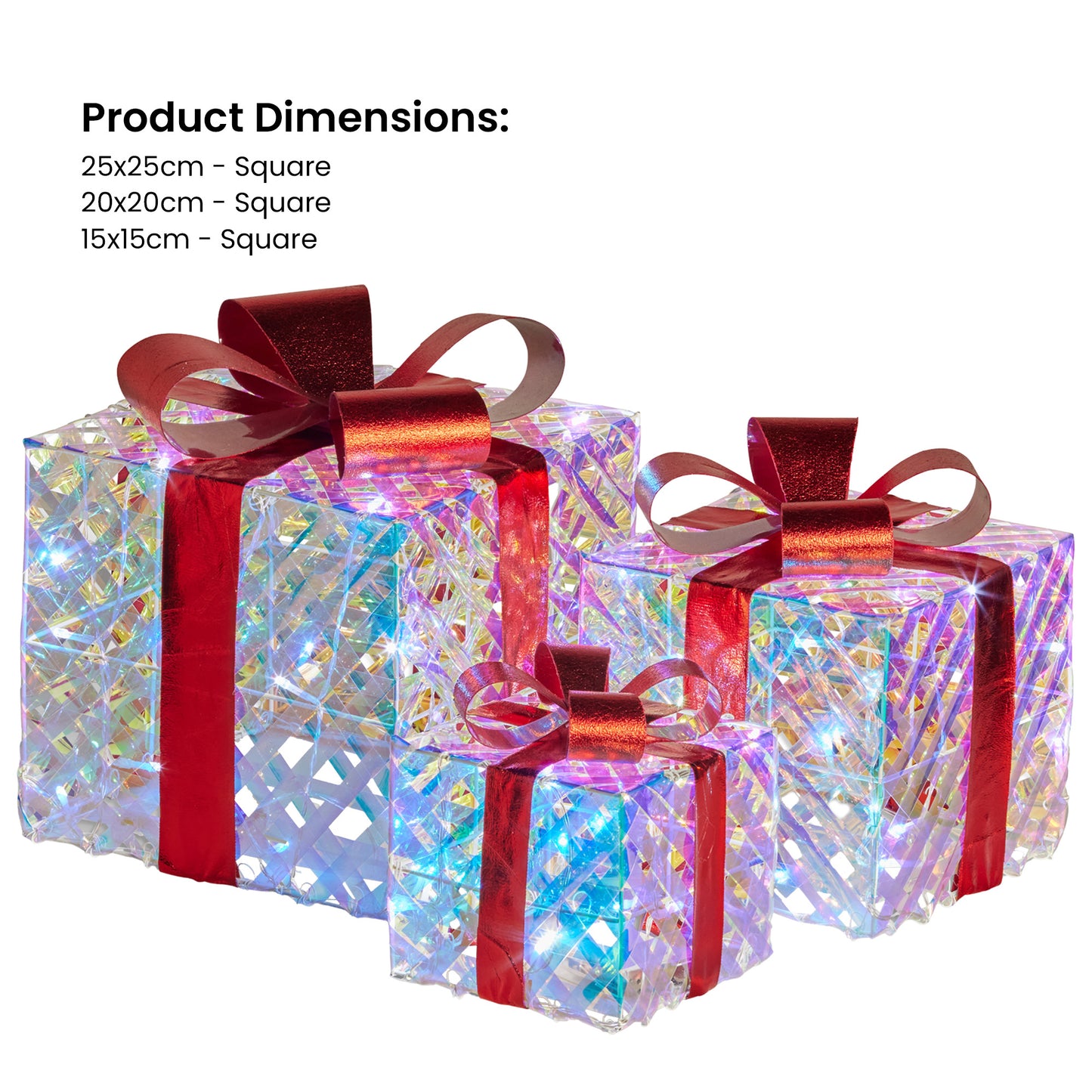 Swishmas Set of 3 Christmas Gift Boxes With Lights - Clear Shimmer With Red Bows