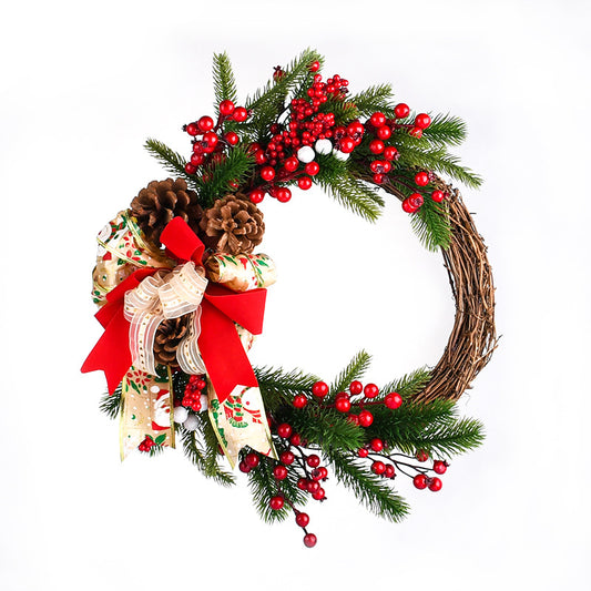 Christmas Wreath with Pine Cones, Red Berries, and Festive Bow - 40cm Holiday Door Decor