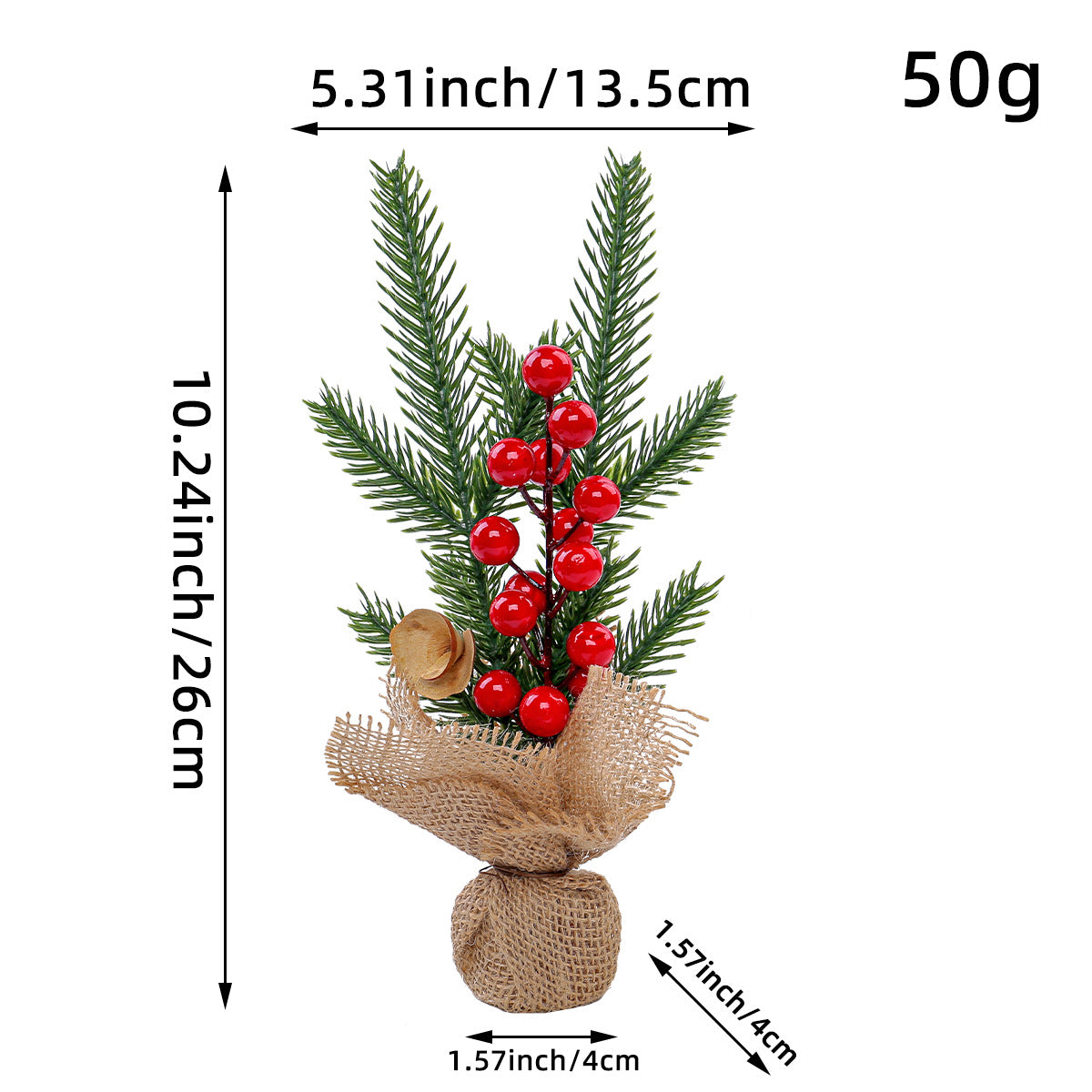 Mini Christmas Pine Tree Decoration - 10.24 Inches Tall with Red Berries and Burlap Base  (4 trees)