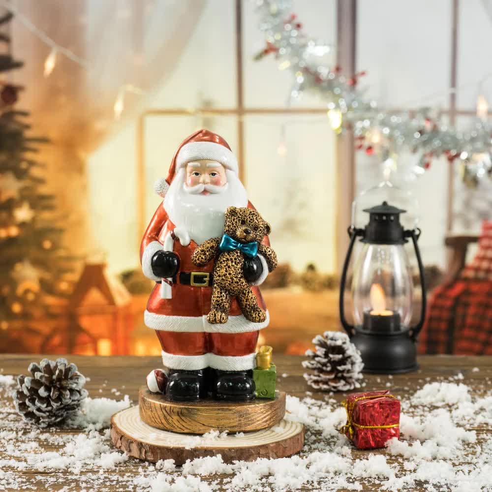 Santa Claus Figurine with Bear - 18cm Festive Resin Christmas Decoration