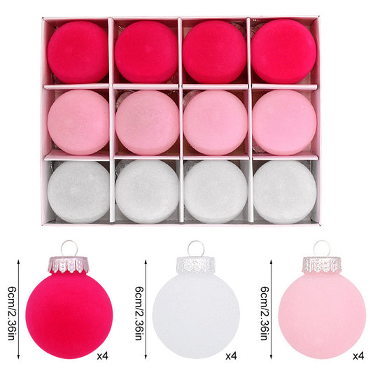 12-Piece Velvet Christmas Ornament Set - Classic Red, Pink, and White Baubles for Holiday Tree Decoration (6cm)