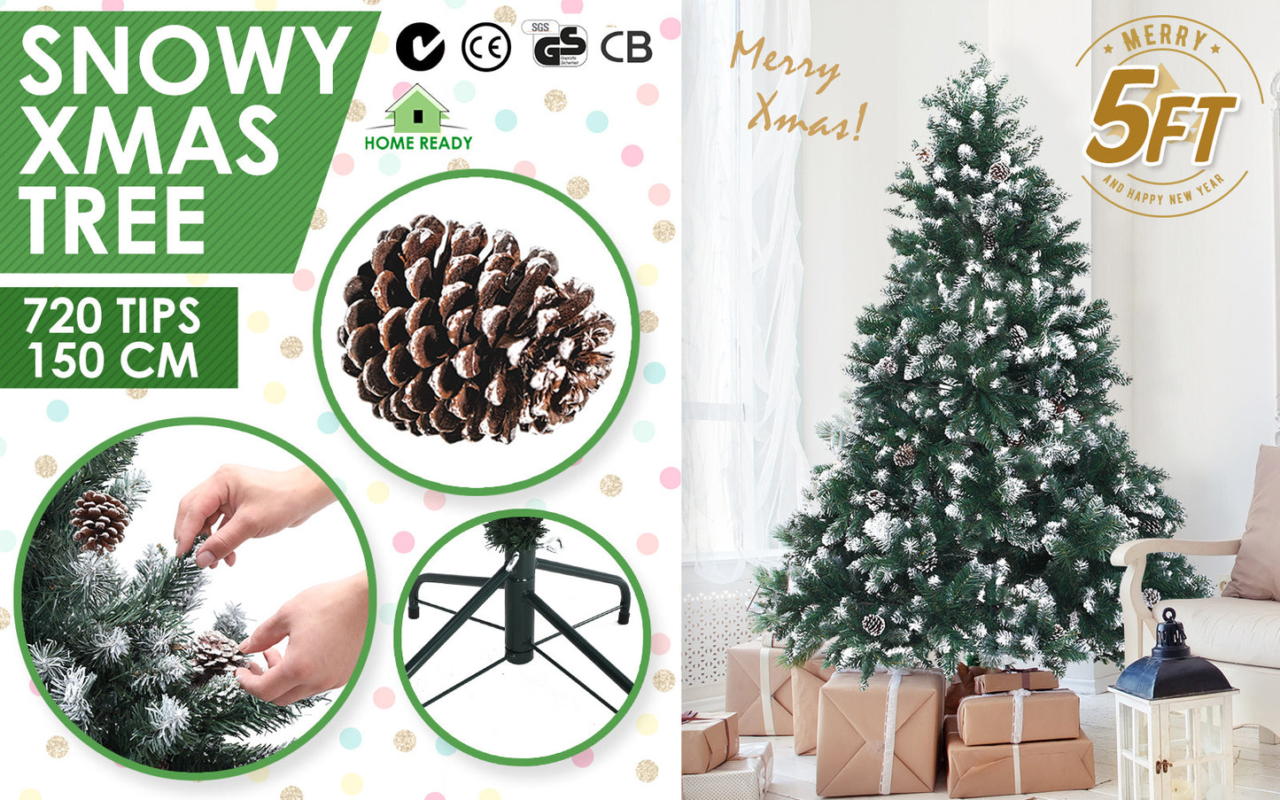 Snowy Christmas Tree Xmas Pine Cones 5Ft 150cm 720 tips GREEN