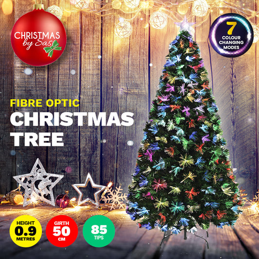 Christmas By Sas 90cm Fibre Optic Christmas Tree 85 Tips Multicolour Lights & Star