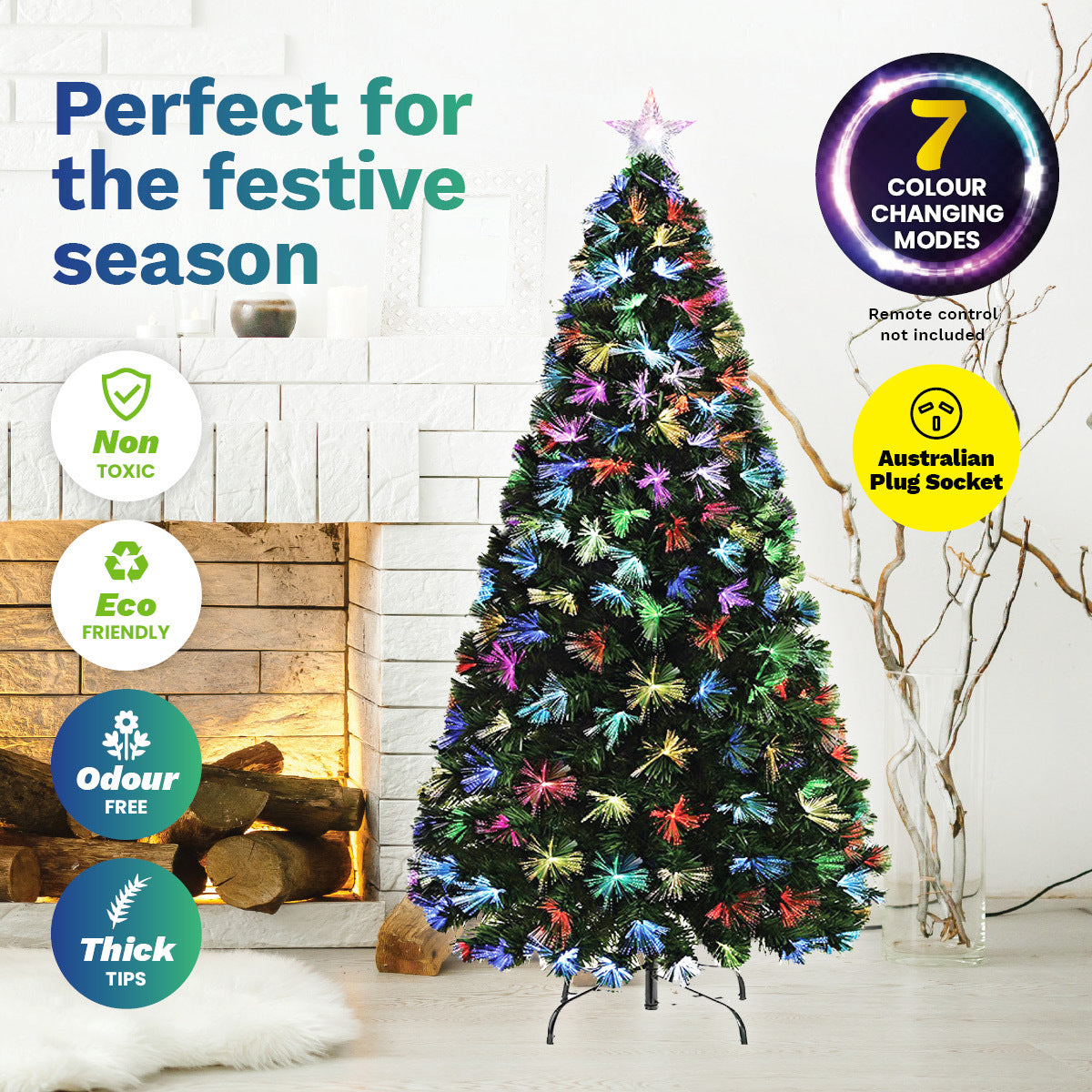 Christmas By Sas 90cm Fibre Optic Christmas Tree 85 Tips Multicolour Lights & Star