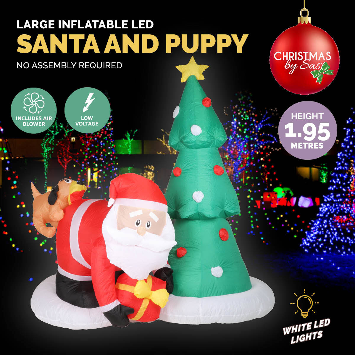 Christmas By Sas 2m Santa Puppy & Tree Built-In Blower Bright LED Lighting