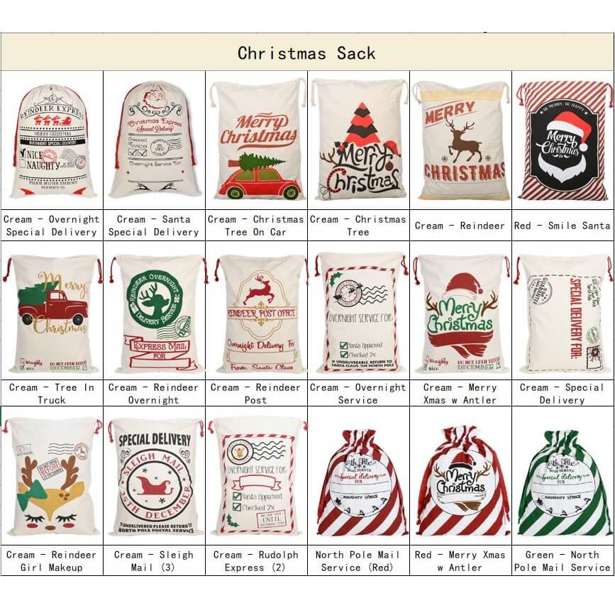 50x70cm Canvas Hessian Christmas Santa Sack Xmas Stocking Reindeer Kids Gift Bag, Cream - Rudolph Express