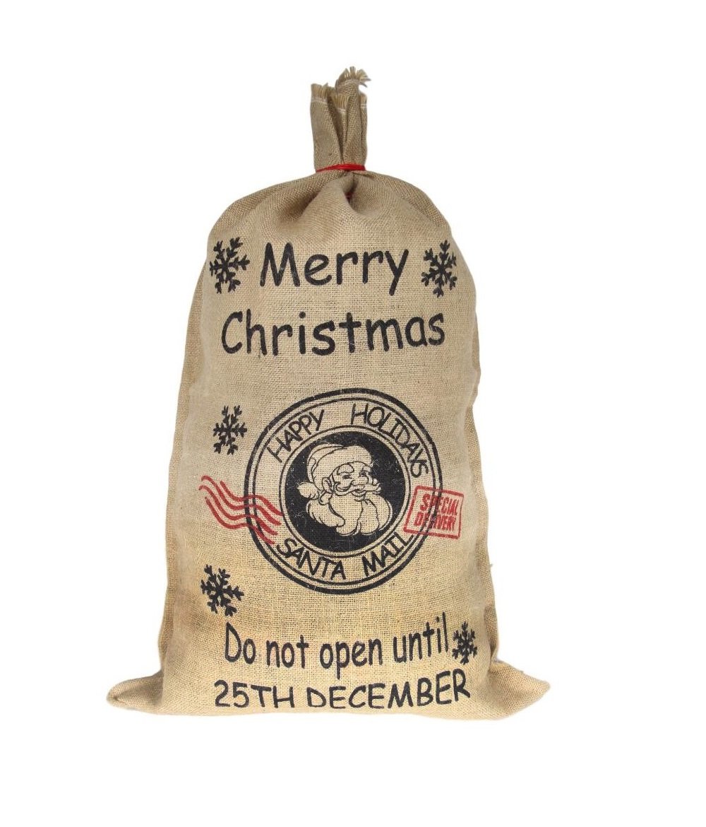 50x70cm Canvas Hessian Christmas Santa Sack Xmas Stocking Reindeer Kids Gift Bag, 50x80cm Hessian - Merry Christmas