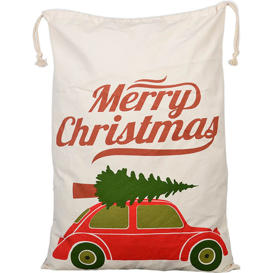 50x70cm Canvas Hessian Christmas Santa Sack Xmas Stocking Reindeer Kids Gift Bag, Cream - Christmas Tree On Car