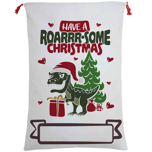 50x70cm Canvas Hessian Christmas Santa Sack Xmas Stocking Reindeer Kids Gift Bag, Have A Roar-some Christmas