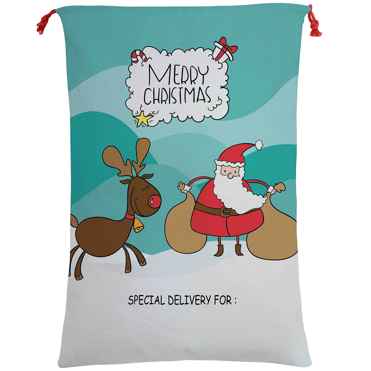 Large Christmas XMAS Hessian Santa Sack Stocking Bag Reindeer Children Gifts Bag, Cartoon Santa w Reindeer (B)