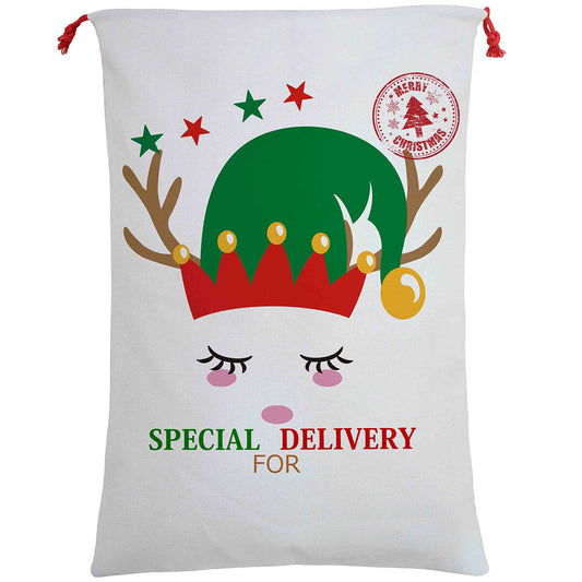 Large Christmas XMAS Hessian Santa Sack Stocking Bag Reindeer Children Gifts Bag, Cream - Cute Reindeer Delivery