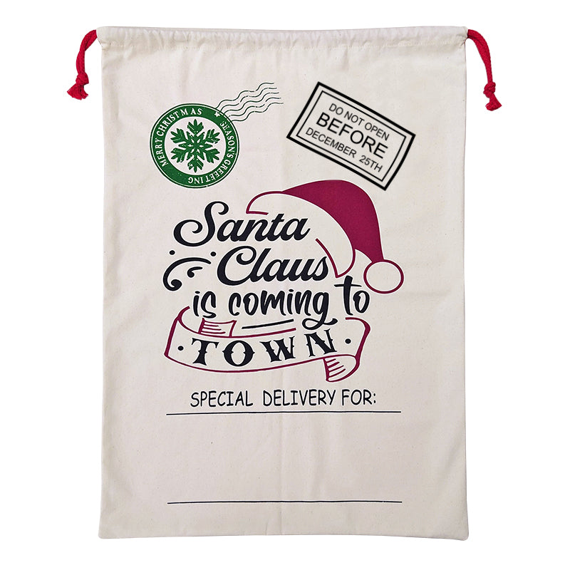 Large Christmas XMAS Hessian Santa Sack Stocking Bag Reindeer Children Gifts Bag, Cream - Santa Coming To Town