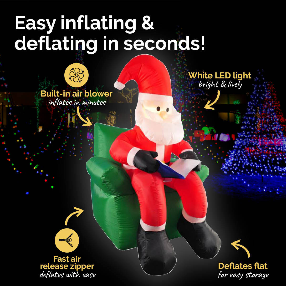 Christmas By Sas 1.9m Santa & His Reading Chair Self Inflating LED Lighting